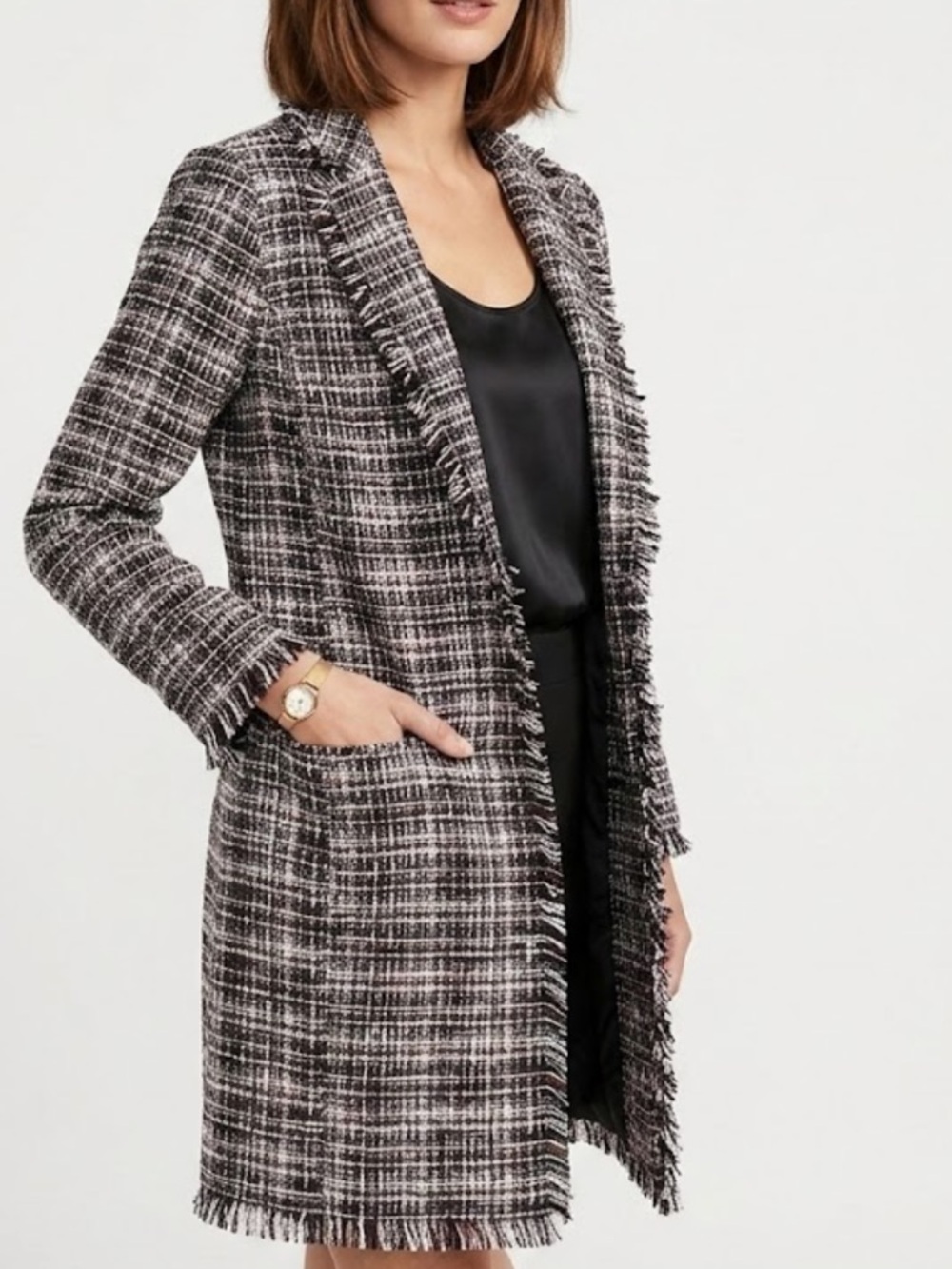 Carolina Belle Black & White Tweed Fringe Open-Front Blazer Coat